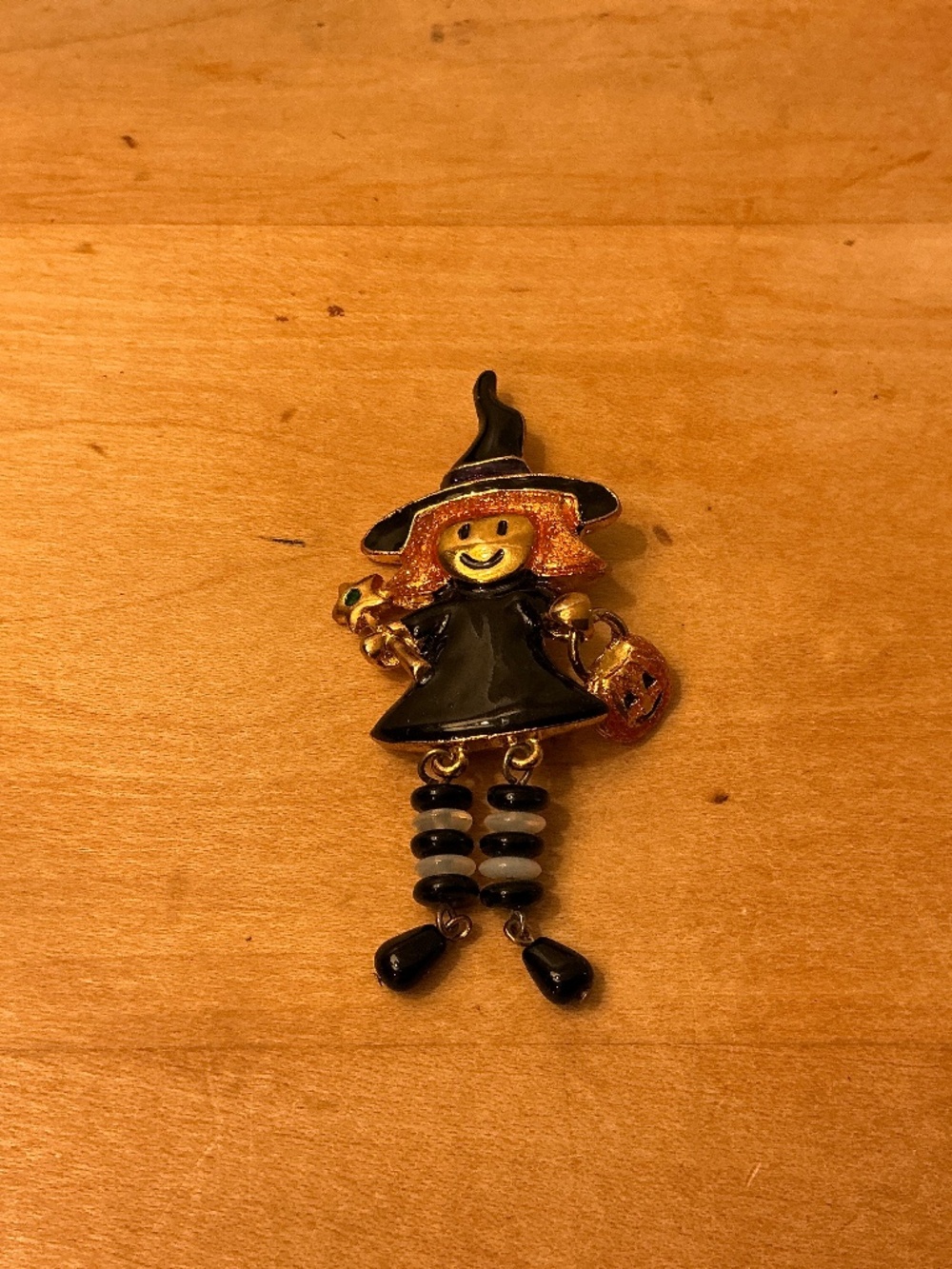 Witch Black Organge White Gold enamel bead Brooch - Halloween, hanging